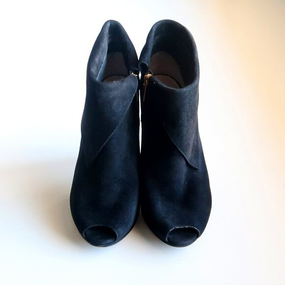 Michael Kors Black Suede Leather Peep Toe Gold Heel Ankle Boots / Booties Sz. 10 - Picture 3 of 16